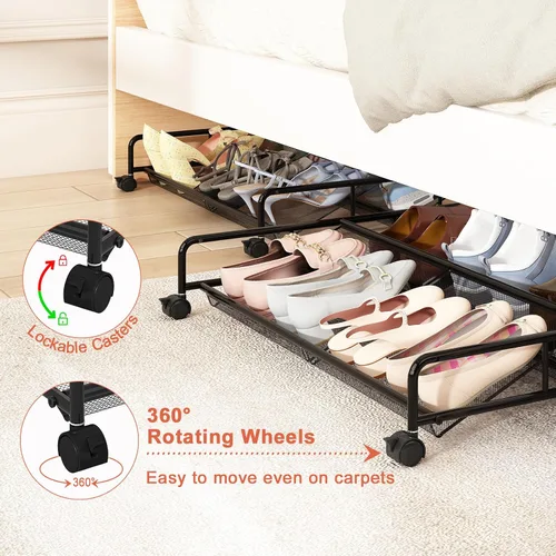 Miniatura 6 de Organizador de almacenamiento de zapatos debajo de la cama, contenedores de almacenamiento de malla metálica debajo de la cama con ruedas