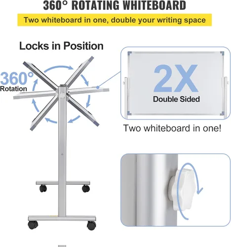 Miniatura 4 de VEVOR Pizarra blanca magnética móvil, 36 x 24 pulgadas, doble cara, pizarra de borrado en seco reversible de 360 grados, altura ajustable con marco