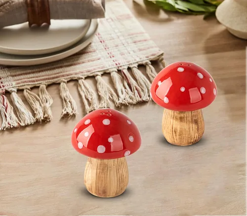 Miniatura 7 de Juego de salero y pimentero de setas de cerámica, salero y pimentero, contenedor de sal roja, juego de salero para cocina, tarro de sal y pimienta