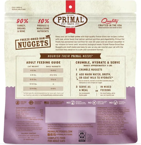 Miniatura 9 de Primal - Nuggets de comida liofilizada para gatos, pavo, cuchara completa y equilibrada, comida cruda saludable sin granos, hecha en los Estados