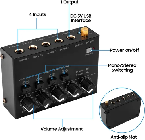 Miniatura 3 de Mezclador estéreo de línea de 4 canales de ruido ultra bajo 4 entradas 1 salida DC 5V mini mezclador de audio portátil micrófono guitarra bajo