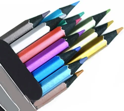 Lápices de colores metálicos de 12 unidades, juego de lápices de colores surtidos, lápices de dibujo de madera para dibujo de arte, libro de