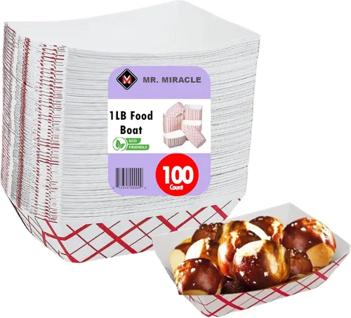 Botes medianos de papel para alimentos, bandejas de papel a cuadros rojos y blancos. Mediano (1 libra). Paquete de 100, botes desechables y