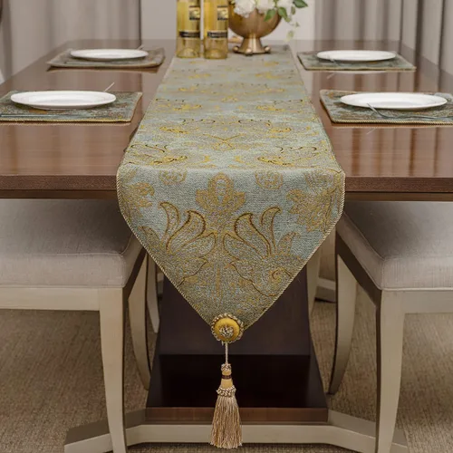 Miniatura 3 de Loom and Mill Camino de mesa de lujo de 72 pulgadas de largo, elegante camino de mesa de damasco jacquard con borlas múltiples hechas a mano