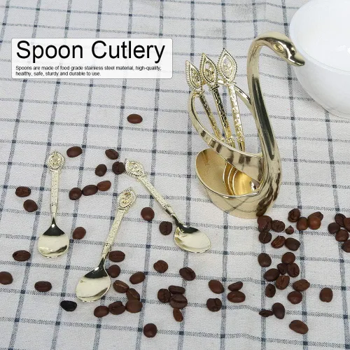 Miniatura 6 de Juego de cubiertos de cuchara de postre de acero inoxidable elegante para el hogar con soporte en forma de cisne (dorado)