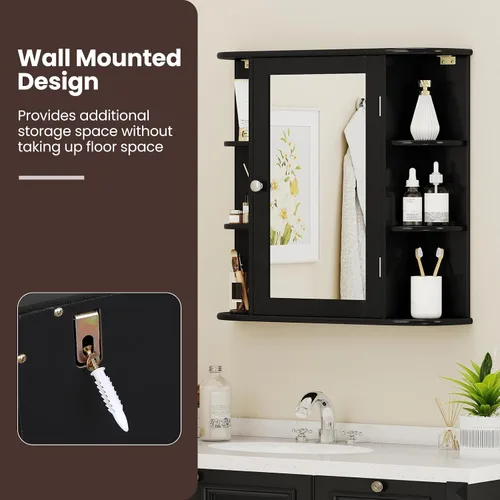 Miniatura 6 de Giantex Armario con espejo de baño, botiquín montado en la pared con puerta de espejo y 4 estantes interiores, 6 estantes abiertos, accesorios
