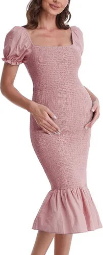 Miniatura 3 de Vestido de maternidad de verano a media pierna, manga corta abombada, cuello cuadrado, dobladillo con volantes, vestido de sirena para baby shower