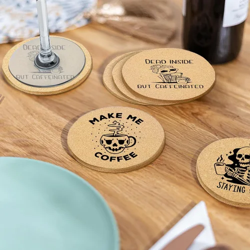 Miniatura 5 de Juego de 6 posavasos de café para bebidas con soporte, posavasos de madera de corcho absorbente para escritorio, mesa de oficina, decoración