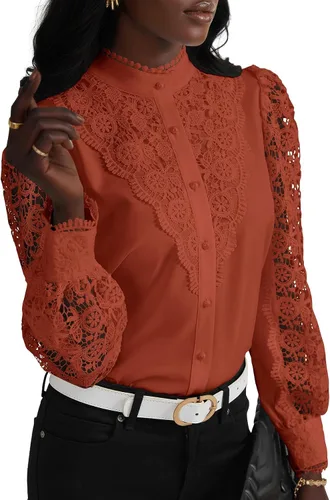 Miniatura 34 de Rooscier Blusa Elegante de Encaje de Crochet con Cuello Alto Simulado de Manga Larga con Botones para Mujer Top