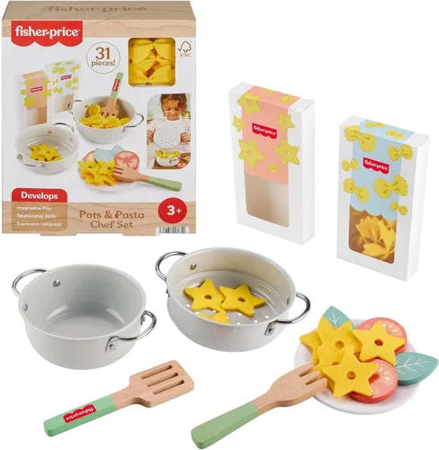Fisher-Price Juego de cocina de madera, ollas y chef de pasta, 31 piezas de comida de juego y utensilios de madera para niños preescolares a partir