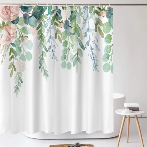Tititex Juego de cortinas de ducha florales tropicales, flores rosas y hojas verdes en la parte superior, decoración de baño, 72 x 72 pulgadas,