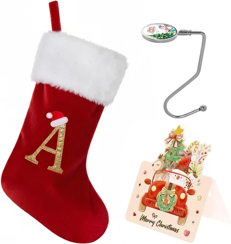 Calcetines de Navidad personalizados con monograma, con inicial familiar, 20 pulgadas, puño de felpa blanca supersuave con cuerpo de terciopelo rojo