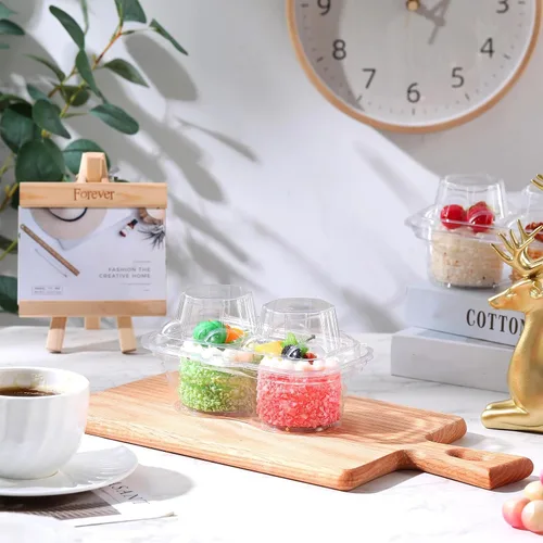 Miniatura 5 de Eaasty 100 recipientes de plástico con 2 compartimentos para cupcakes, caja de soporte para cupcakes profundos con tapas, contenedor apilable
