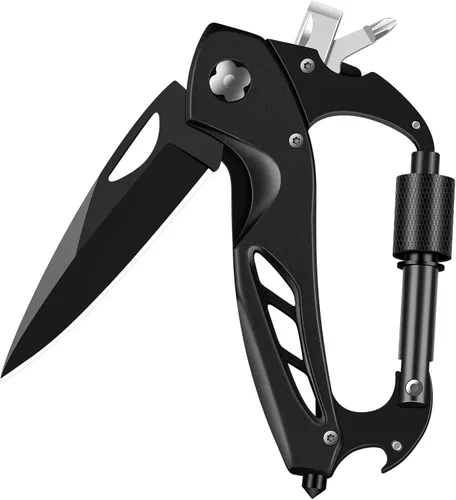 Miniatura 8 de Herramienta múltiple con mosquetón con cuchillo de bolsillo, equipo de supervivencia para camping y senderismo, llavero con mosquetones EDC