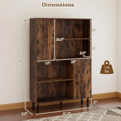 Miniatura 3 de Giantex Armario de almacenamiento de 47 pulgadas con puertas, estantes abiertos, dispositivo antivuelco, estantería de 4 niveles para libros