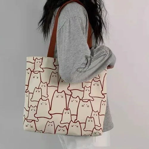 Miniatura 6 de Bonita bolsa de mano para mujer con cremallera, divertido bolso con gatos, perros, bolso grande de lona para el hombro