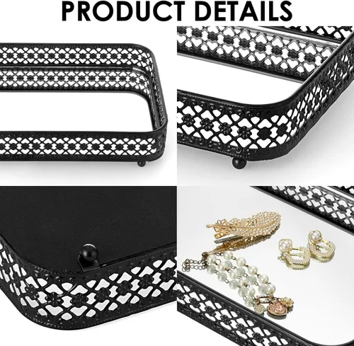 Miniatura 8 de ELLDOO - Bandeja negra para perfumes y maquillaje, bandeja de joyería con talla hueca, organizador de vidrio y metal para baratijas para cómoda