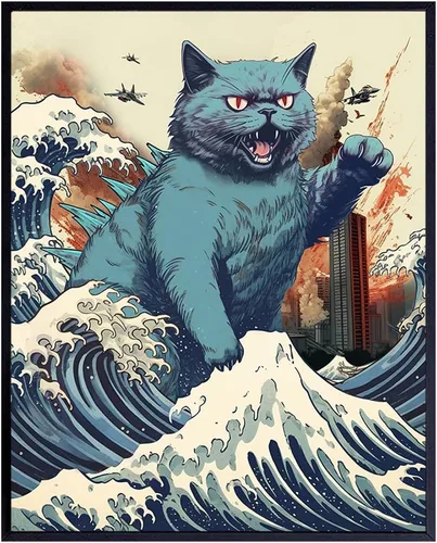 Arte de pared y decoración vintage de gato divertido – Arte de pared japonés Catzilla – La gran ola de Kanagawa – Cosas lindas para gatos –