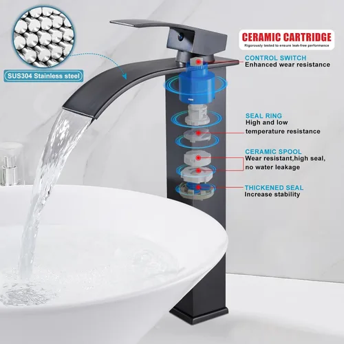 Miniatura 8 de Midanya Grifos altos para lavabo, cascada, lavabo, lavabo, con una sola manija, 1 agujero, moderno, con mangueras de drenaje emergentes y Bronce