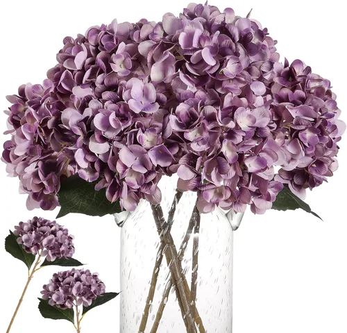 Miniatura 11 de Kisflower Flores artificiales de hortensias azules, 6 unidades, flores falsas para centro de mesa, flores de hortensias de seda azul con tallos