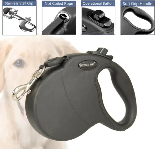 Miniatura 5 de Correa retráctil para perro de 16 pies a prueba de mordidas, cuerda de alambre antimasticación, manos libres, bloqueo de seguridad ajustable, Negro