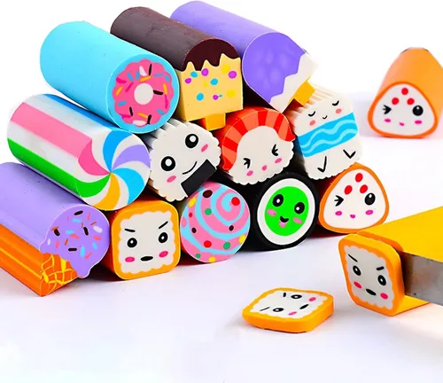 Borradores de comida, paquete de 12 borradores de sushi, postres, borradores de mascotas para niños, lindos y divertidos, suministros escolares,