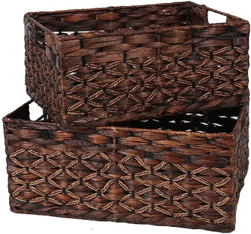 Miniatura 2 de Cesta rectangular tejida de jacinto de agua, cesta de almacenamiento oscura con asas interiores, estantes de cocina, escritorio de oficina