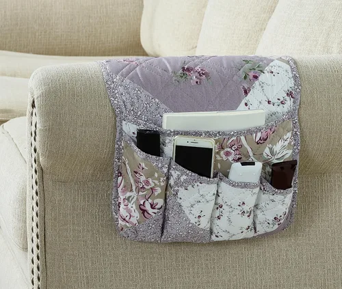 Miniatura 16 de Brilliant Sunshine - Organizador de apoyabrazos de sofá de terciopelo gris con 5 bolsillos, soporte antideslizante para sillón reclinable