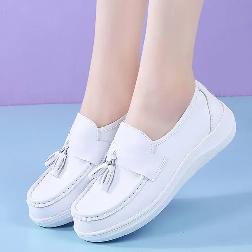 Miniatura 7 de Zapatos de enfermería, zapatos antideslizantes para mujer, para restaurante, cómodos zapatos planos, mocasines y sin cordones, Blanco