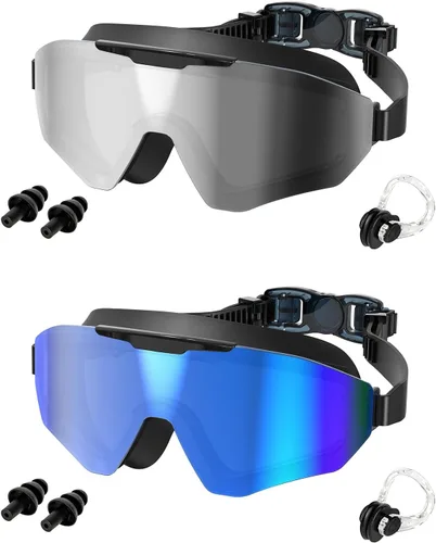 Miniatura 10 de Paquete de 2 gafas de natación para adultos, hombres y mujeres, protección UV antivaho sin fugas, visión amplia de 180°, visión clara, gafas