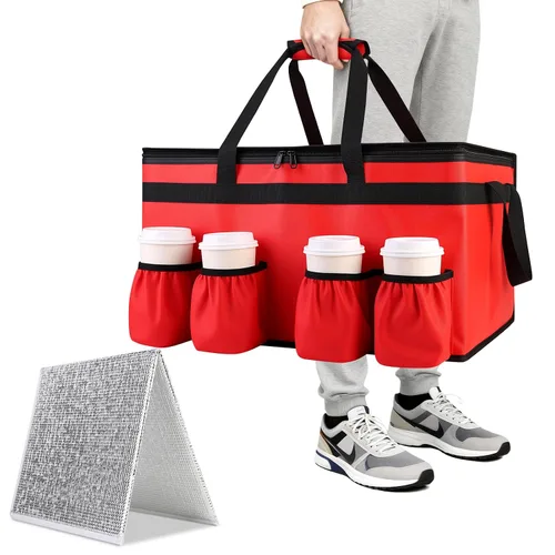 Miniatura 15 de Bolsa de entrega de alimentos con aislamiento con 4 portavasos, bolsas de comestibles aisladas extra grandes para mantener los alimentos Rojo
