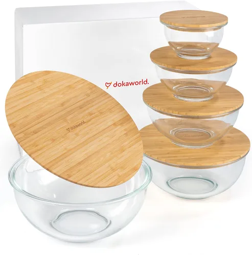 Miniatura 9 de Juego apilable de 5 cuencos de vidrio anidados para ahorrar espacio con tapas de bambú para preparación de alimentos, almacenamiento, horneado