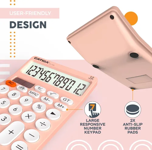 Miniatura 5 de CATIGA Calculadora de escritorio de 12 dígitos Calculadora de escritorio básica con pantalla LCD grande, botones grandes, 4 funciones, energía solar