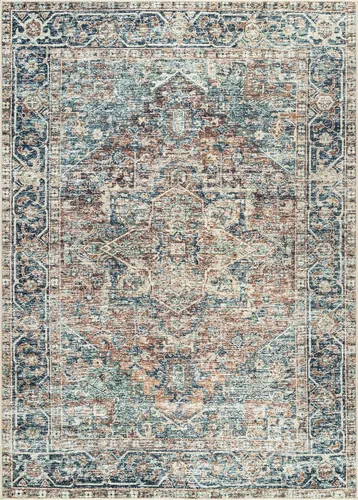 Miniatura 4 de Bloom Rugs Alfombra lavable antideslizante de 2 x 3 pies, color azul/verde/mandarina, alfombra tradicional oriental para sala de estar, dormitorio