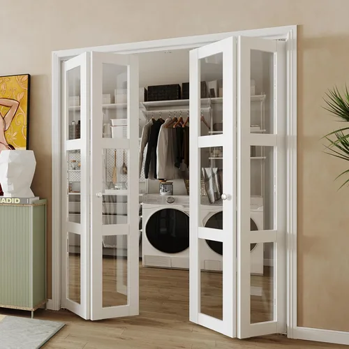 Miniatura 13 de BARNER HOME Puerta plegable, puerta de armario de cristal transparente de 3 lites, para apertura de 48 x 80 pulgadas, puertas plegables con kits