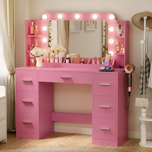 Miniatura 15 de Furmax - Escritorio de tocador con espejo, luces LED y toma de corriente, mesa de maquillaje con 7 cajones y 6 estantes de almacenamiento, mesa