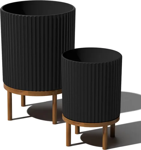 Miniatura 60 de Veradek Demi Series - Maceta redonda con soporte para porche o patio, compuesto de piedra de plástico duradero y soporte de madera, decoración