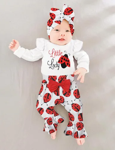 Miniatura 3 de ADIFUN Ropa de bebé niña, 4 piezas de trajes de niña recién nacida, mameluco con volantes, parte inferior acampanada, diadema, bandana, conjuntos
