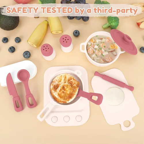 Miniatura 7 de TYRY.HU 11 piezas de juguetes de cocina para niños sin BPA, juegos de comida de silicona, juguetes de cocina con ollas y sartenes, juguetes de Rosa