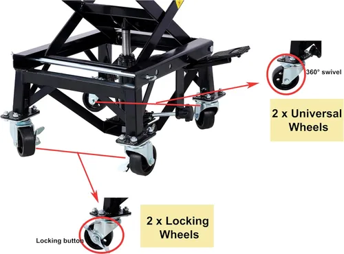 Miniatura 5 de Gato hidráulico de tijera para motocicleta de 300 libras, escalón de pie con 4 ruedas para motocicletas de cross pequeñas, soporte de gato