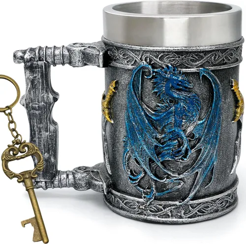 Miniatura 10 de Taza medieval de dragón azul D&D Game Mug of Throne Merchandise Beer Steins Viking Tankard Taza de café de acero inoxidable Tazas de regalo