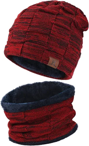 Miniatura 2 de Conjunto de gorro de invierno para hombre, gorro de punto cálido, gorro de calavera, calentador de cuello con forro polar grueso, gorro de invierno