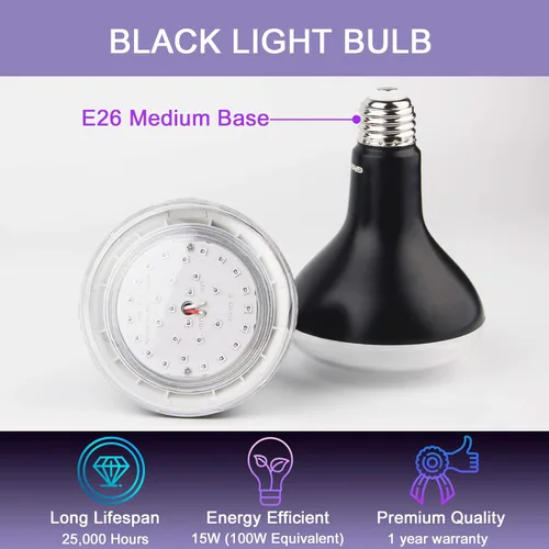 Miniatura 4 de GREENIC Bombillas LED UV negras de 15 W (equivalente a 100 W) base mediana BR30 E26, nivel UVA, 385-410 nm, luz negra UV que brilla en la oscuridad
