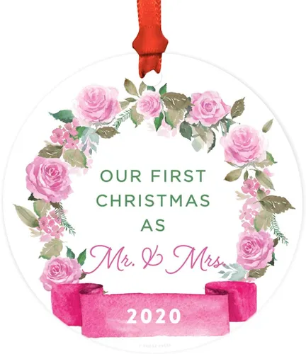 Miniatura 6 de Andaz Press Adorno de Navidad de madera grabado con láser para aniversario de boda, 1 año juntos, Navidad 2025, pancarta de flores rosas, 1 paquete