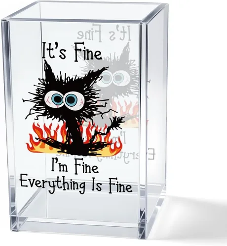 It's Fine I'm Fine Soporte para Lápices y Bolígrafos Cosméticos de Acrílico, Divertido Soporte para Bolígrafos de Gato Negro, Regalo para Amantes de