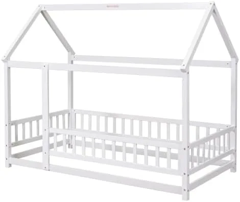 Miniatura 7 de Cama de suelo de tamaño individual con valla para niños pequeños, cama Montessori con techo de casa, marco de cama de piso de madera para niños