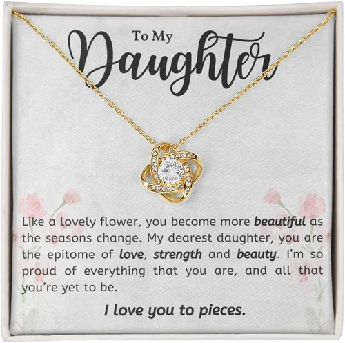 Regalo para hija, collar con colgante de nudo de amor con caja de regalo y tarjeta de mensaje de calentamiento de corazón, fabricado en los Estados