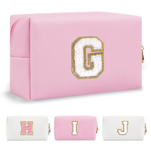 Miniatura 329 de Pequeña bolsa de maquillaje personalizada con inicial A-Z Preppy Patch, bolsa de cosméticos de viaje de felpilla blanca con cremallera, bonita bolsa