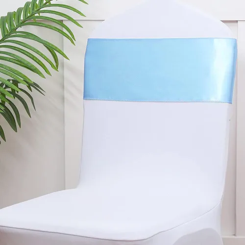 Miniatura 6 de Bandas de satén para sillas de color azul bebé, paquete de 50 lazos para sillas de color azul claro para boda, revelación de género, baby shower
