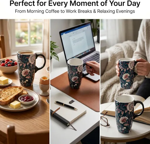 Miniatura 7 de Topadorn Taza de Café de Cerámica de Porcelana Latte Taza de Té con Tapa y Caja de Regalo 17oz, Flor Azul